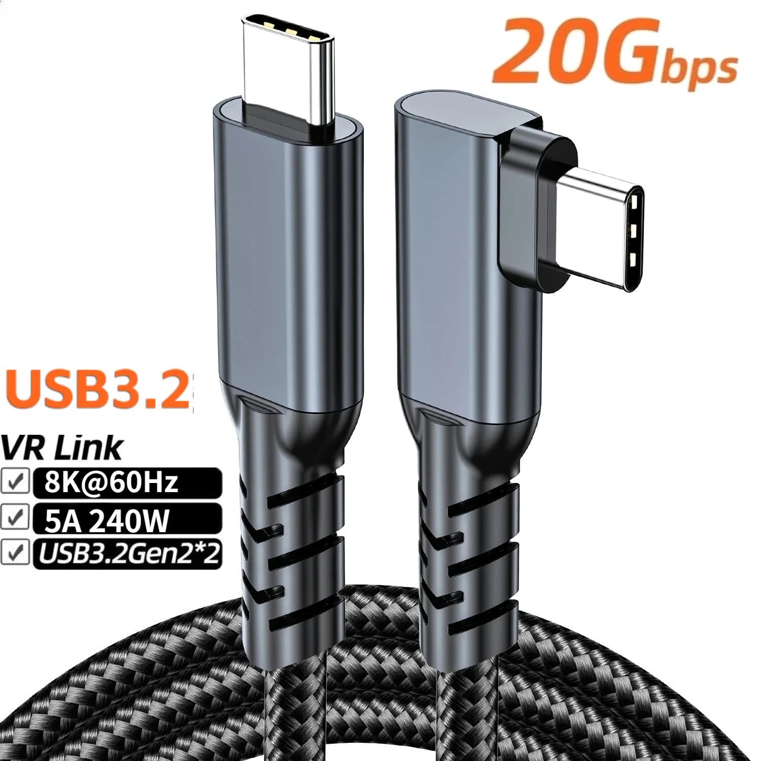 1M 2M 3M USB3.2 Gen2 20Gbps USB C a Type-C 5A 240W Gomito di ricarica rapida 8K a 60Hz Trasferimento dati UHD per cavo di collegamento VR Oculus Quest 2
