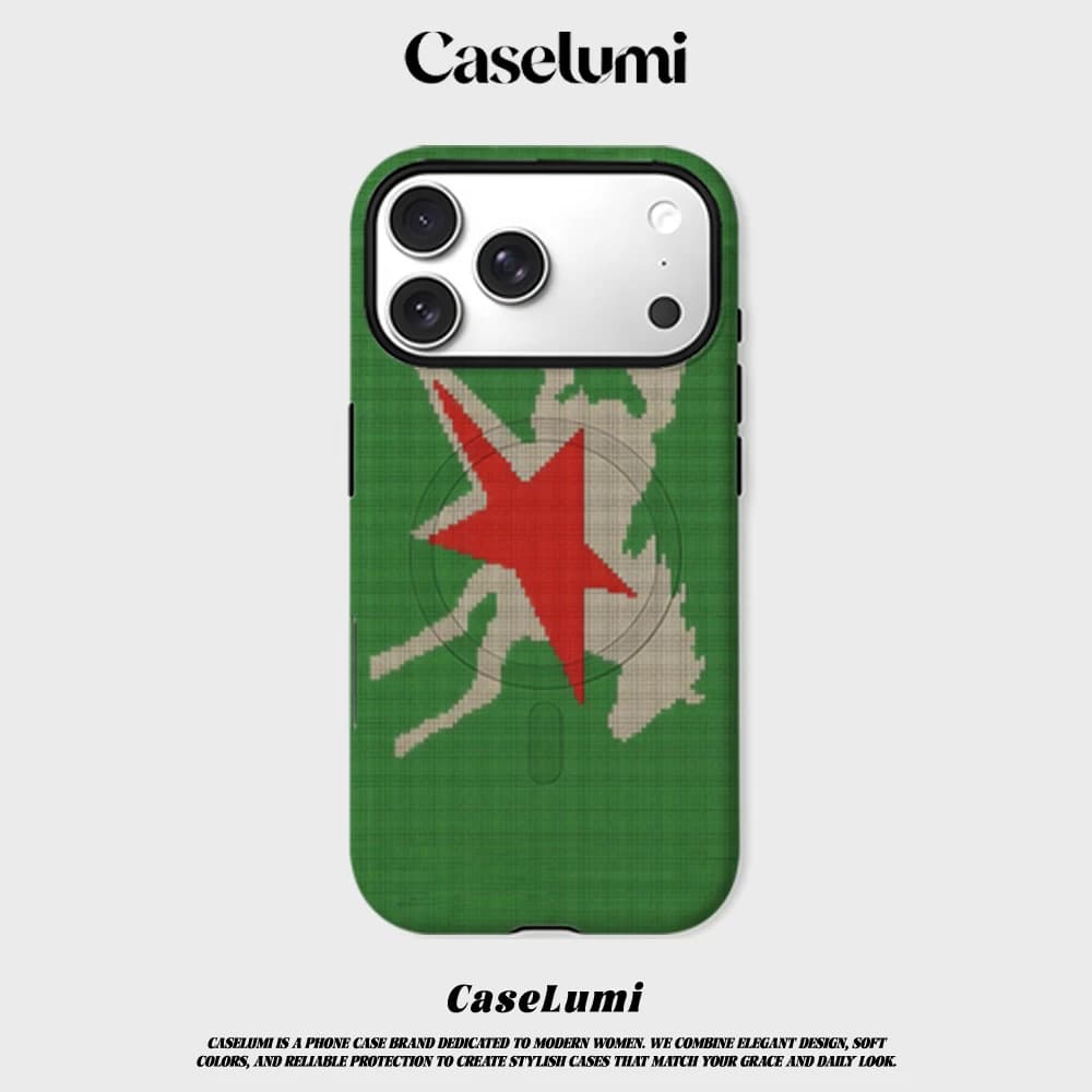CaseLumi Matte Bumper per Custodia MagSafe per iPhone 17 16 15 Plus Pro Max Antiurto Rigida in PC con Ricamo a Punto Croce Cavallo Verde Stella