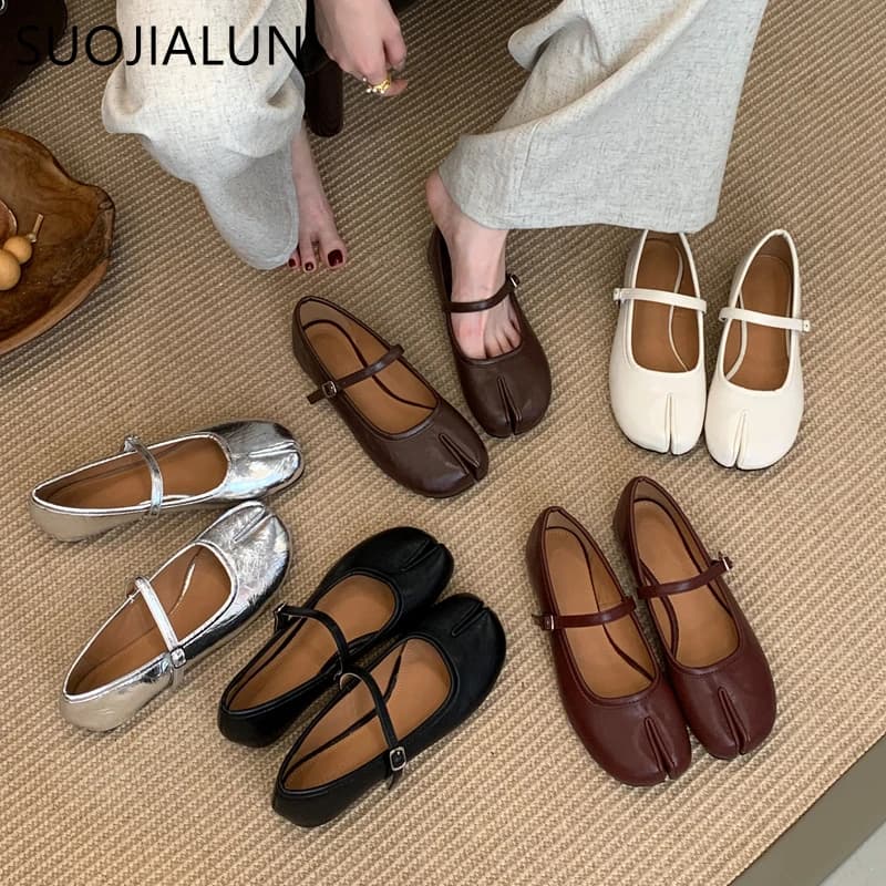 SUOJIALUN 2025 Donne di Autunno Scarpe Basse di Modo Split Toe Slip On Mary Jane Scarpe Da Balletto Morbido Tacco Piatto All'aperto Casual Singolo Sh