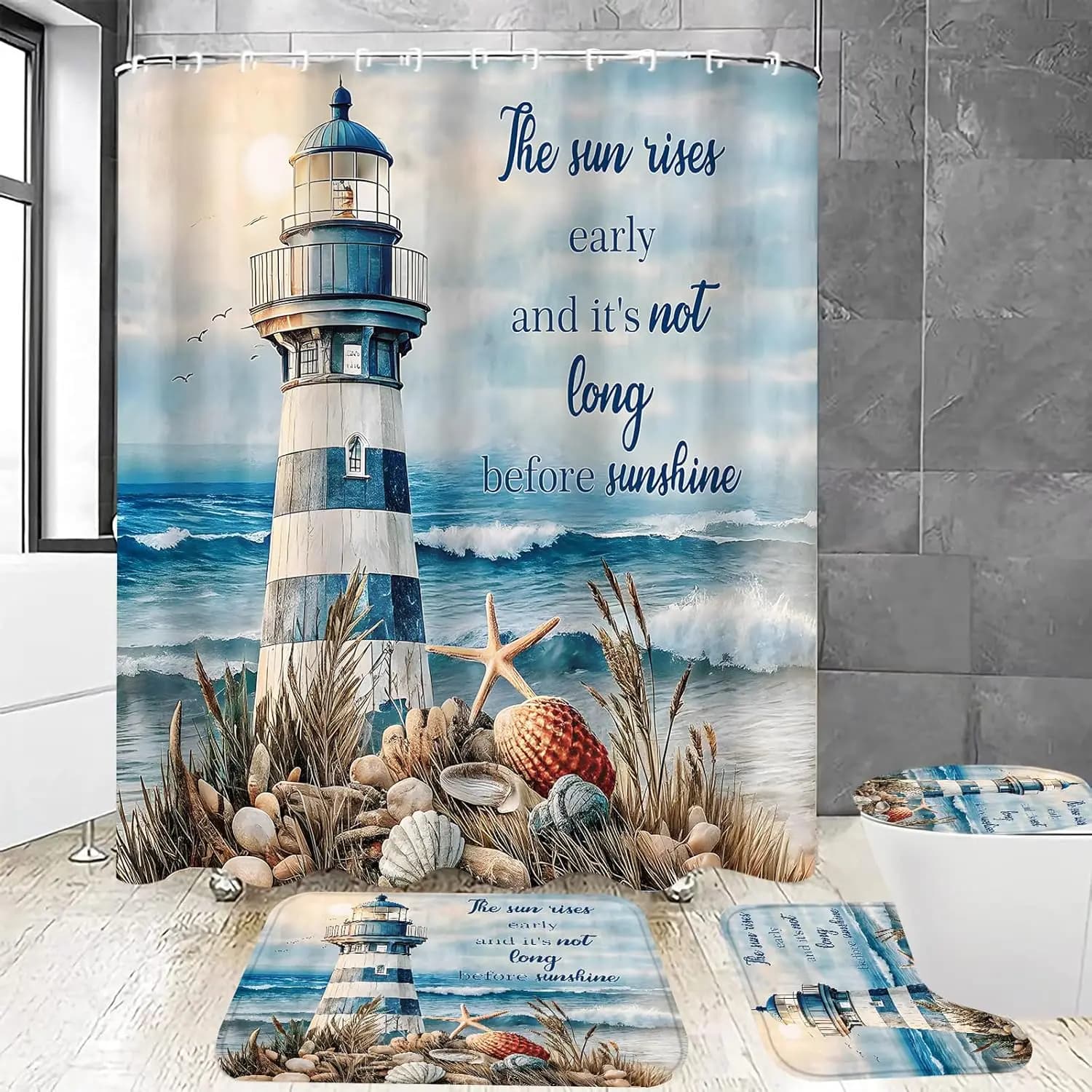 Set di tende da doccia con faro nautico da 4 pezzi Set da bagno con conchiglie marine Decor con tappeti antiscivolo Tappetino da bagno a forma di U Coperchio per WC