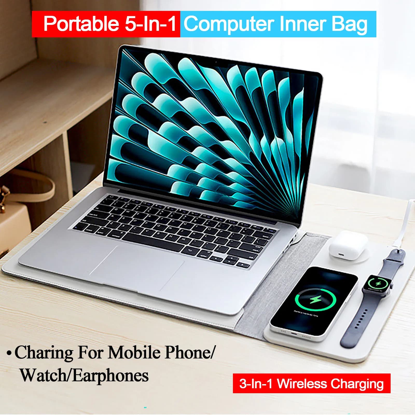 Custodia per laptop con ricarica wireless multifunzionale per 12 13 14 pollici Mac iPad Caricatore magnetico 3 in 1 Ricarica rapida wireless da 15 W