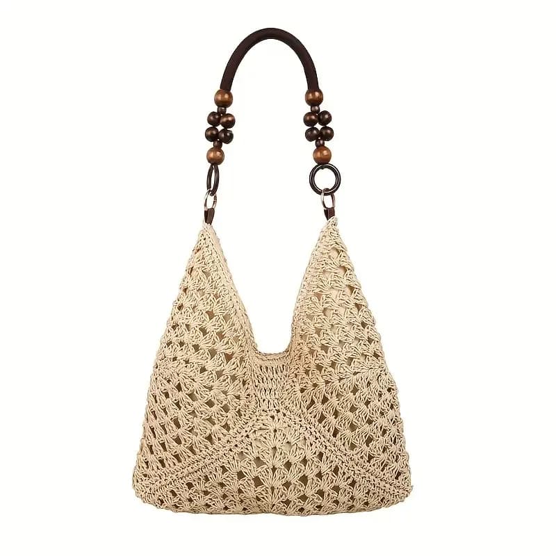 [Plaid Knit Backpack] 1pc Women'S Elegant Plaid Knit Shoulder Backpack - Beige & Khaki Crossbody Handbag with Fixed Buckle Closure, Durable Polyester Lining & Beige Lining, Versatile for Beach, Travel, Commuting & Daily Use, Hand Washable Fabric
