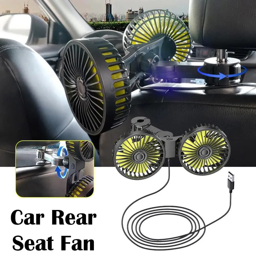 Ventilatore universale per auto a doppia testa 12V 24V alimentato tramite USB, ventola di raffreddamento per sedile posteriore 360° ° Ventilatore Automatico Silenzioso e Girevole con Vento Potente