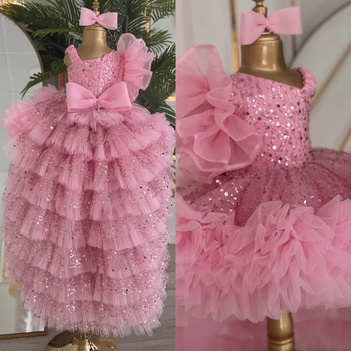 Abiti da ragazza di fiore rosa personalizzati per matrimonio con paillettes in tulle a strati per bambini con fiocco Abito da prima comunione per festa di compleanno