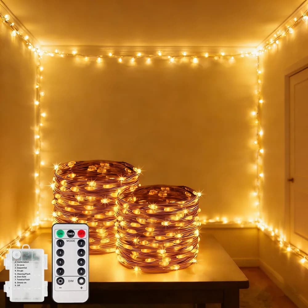 Luci LED a Batteria per Matrimoni, Ghirlanda Luminosa in Filo di Rame Argentato, Luci a Stringa con Telecomando per Decorazioni Natalizie da Esterno