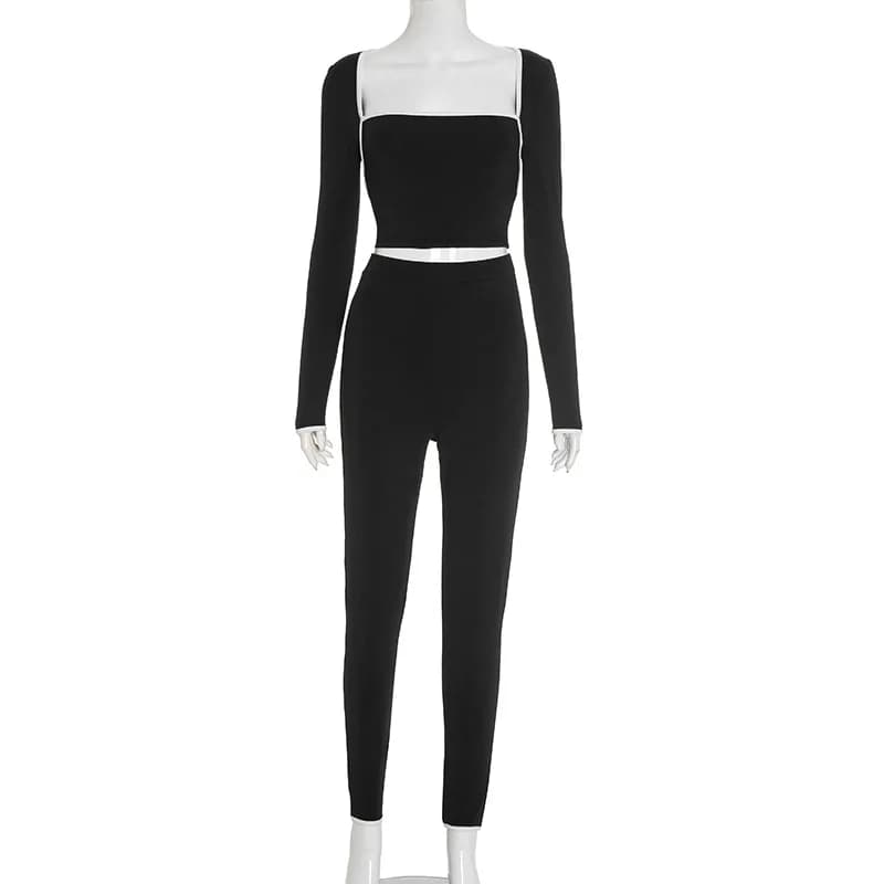 2-Piece Set Womens Autumn 2025 Casual Tracksuit White Edge Square Collar Crop Top+Leggings Fitness Stretch Slim Matching Outfits