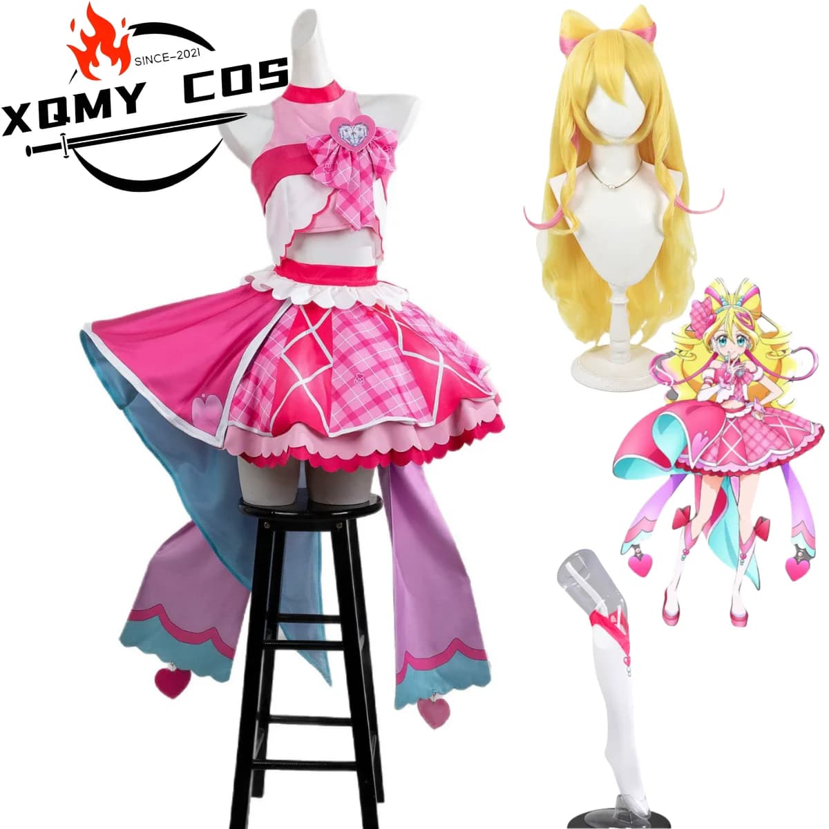 XqAnime You e Idol Precure Sakura Uta Costume Cosplay Rosa Griglia Abito da principessa Lolita Parrucca Donna Carino Natale Masquerade Suit