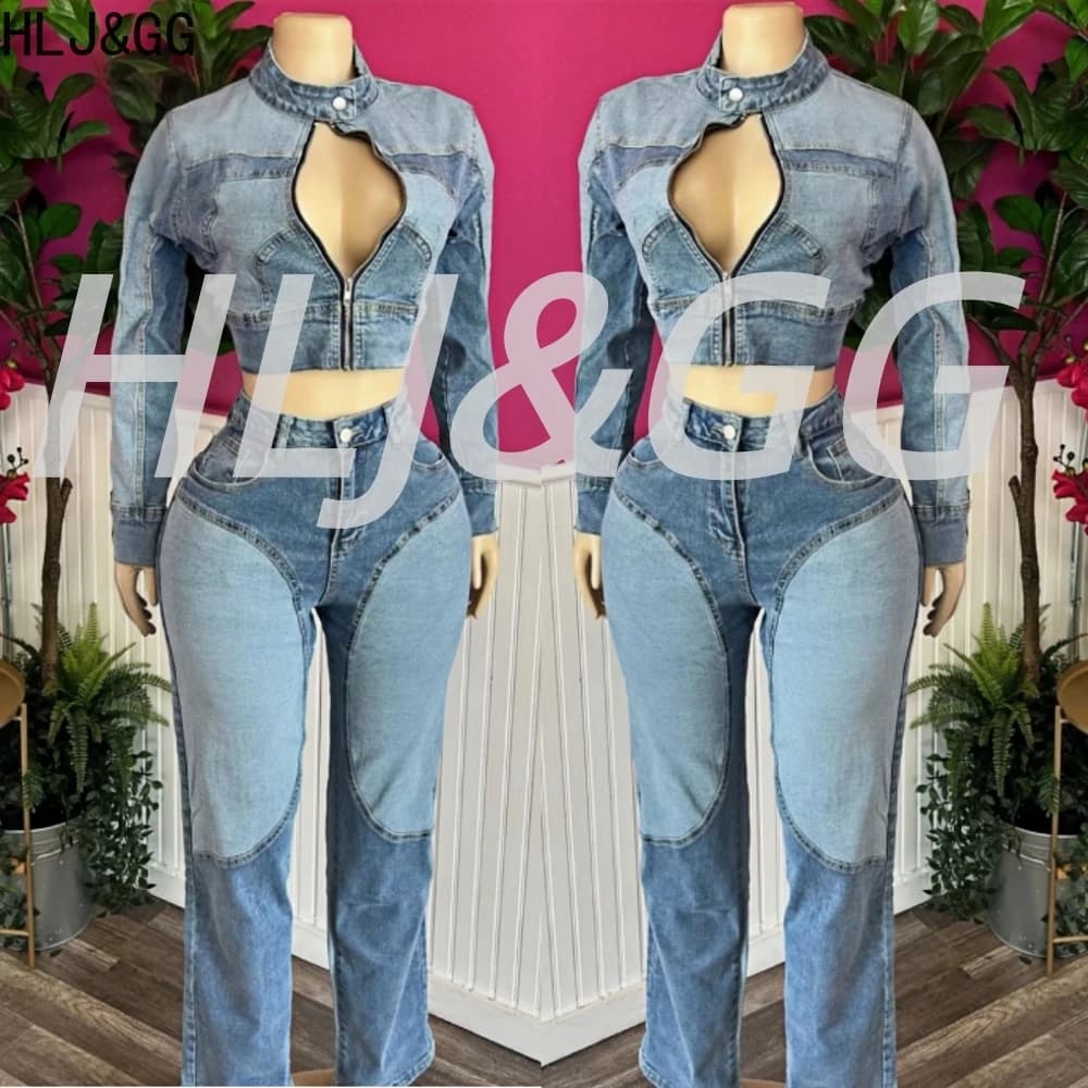HLJ&GG Women Stretch Patchwork Denim Two Piece Sets Autumn Zipper Long Sleeve Top And Jeans Outfits Y2K Casual Cowboy 2pcs Suits