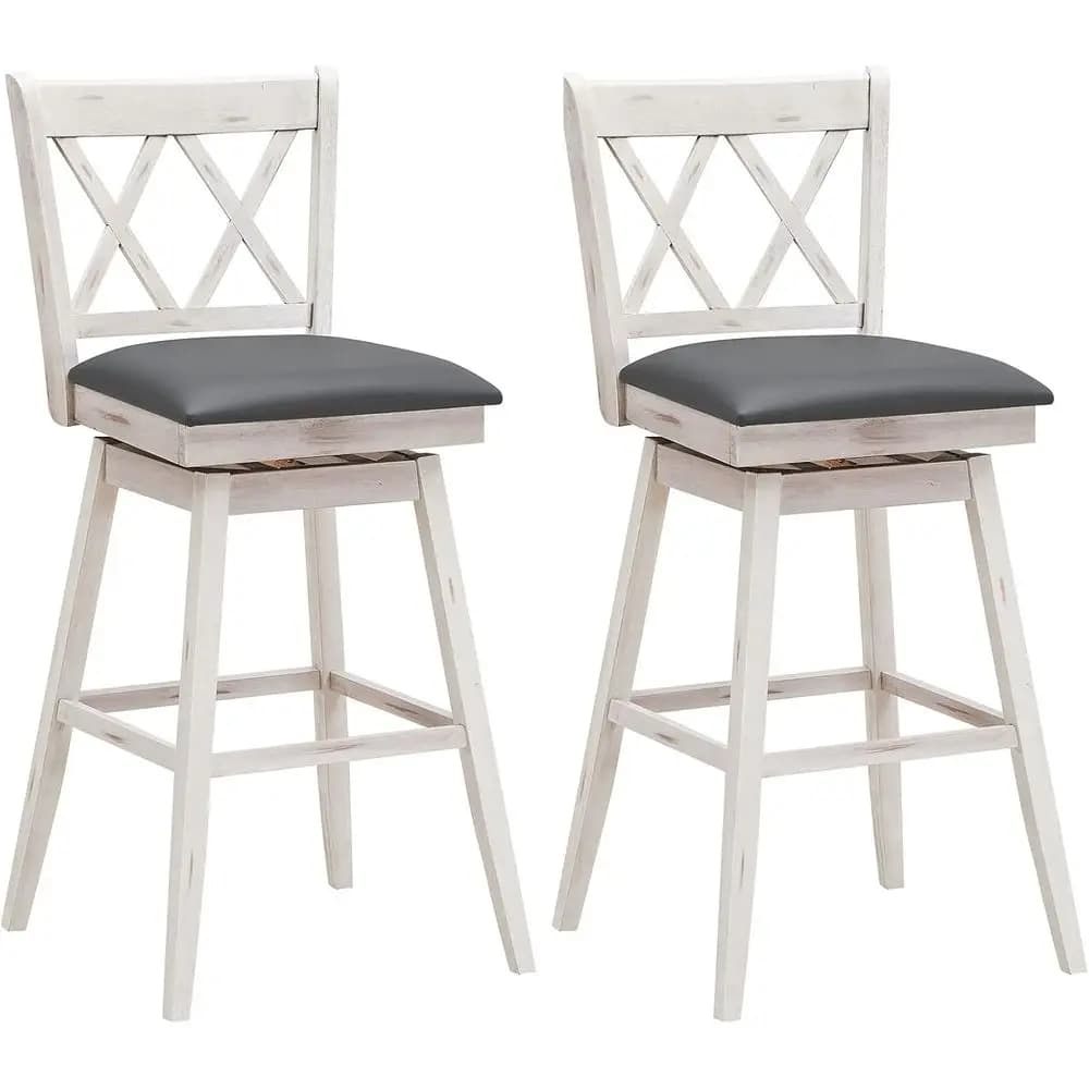 2 pezzi 360 ° Set di sgabelli da bar girevoli, altezza 29,5, cuscino imbottito, schienale ergonomico, bianco antico + grigio
