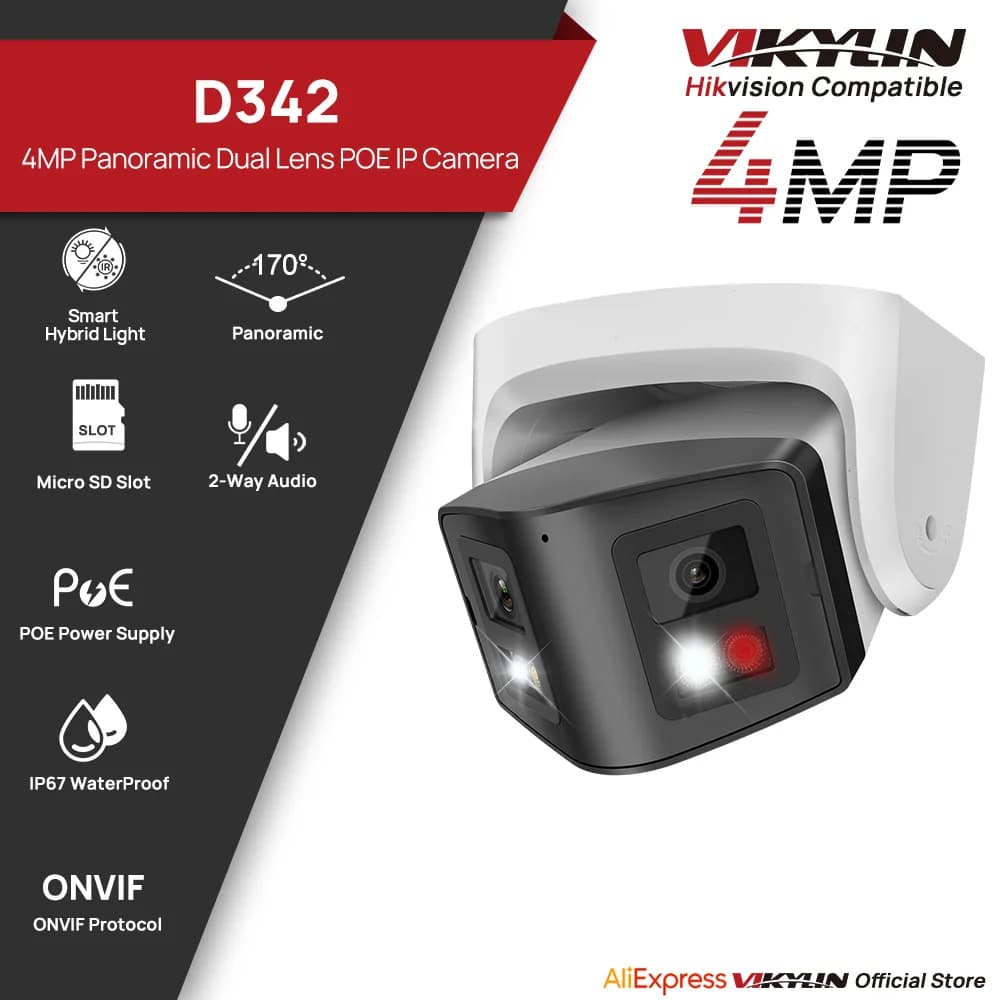 Vikylin Telecamera IP panoramica a doppio obiettivo da 4 MP con doppia luce intelligente, audio bidirezionale, CCTV, POE, telecamera di sicurezza Onvif, videosorveglianza IP66