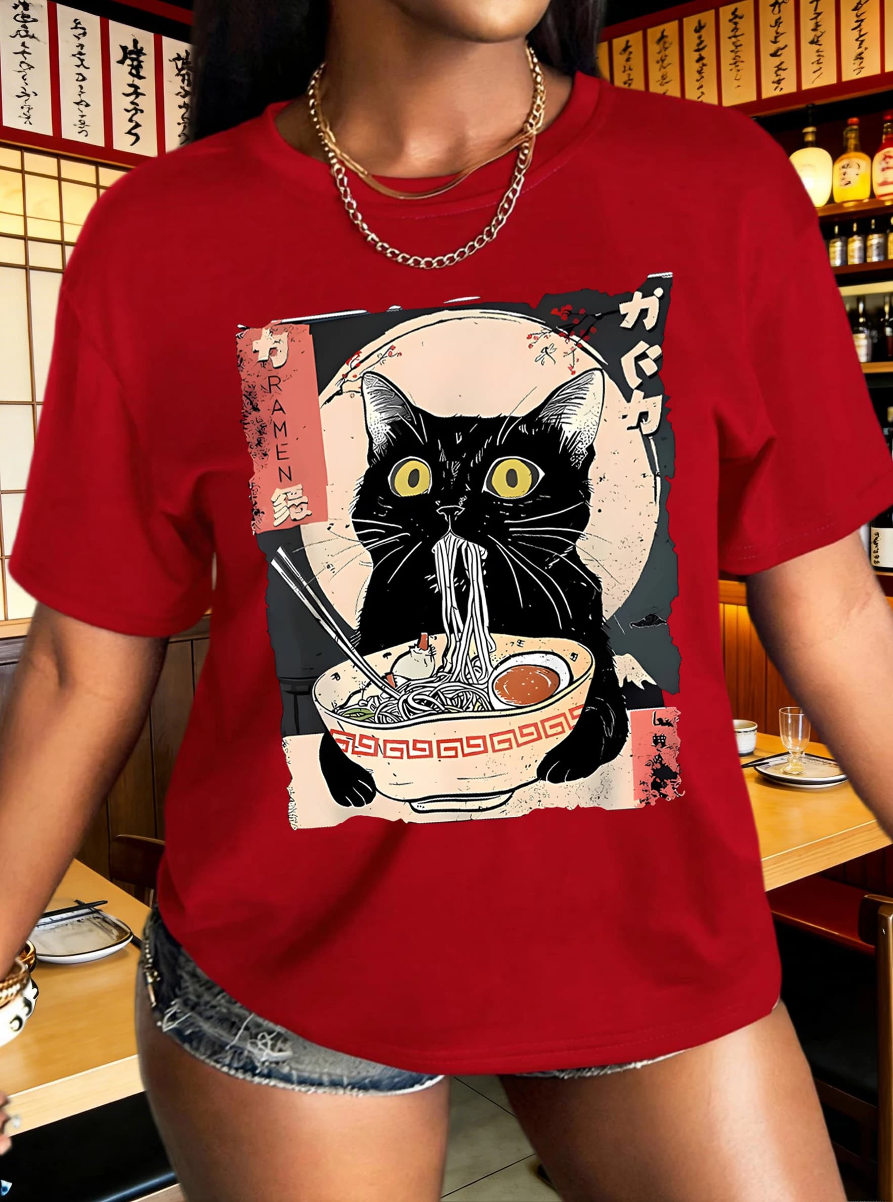 Cat Likes To Eat Noodles And Daydream Print T-shirt Women's Casual Summer Crew Neck Short Sleeved Hip Hop Y2K Sportswear