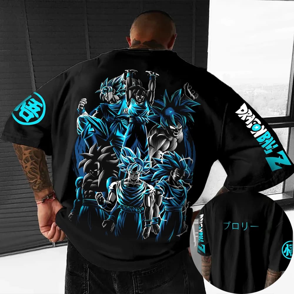 T-shirt Oversize per Bambini e Uomini con Stampa di Dragon Ball Z Son Goku in Tutte le Forme e Broly con Aura Blu, Streetwear Anime per Fan