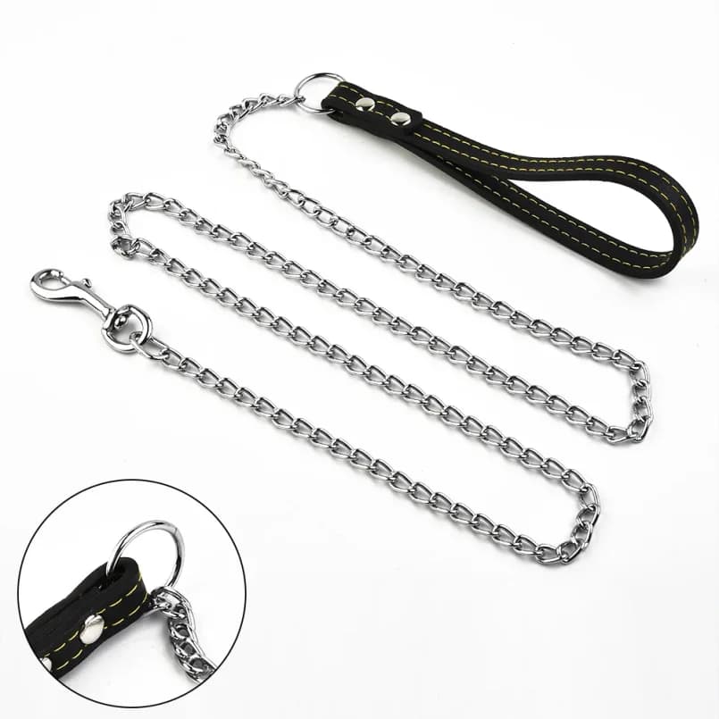 Guinzaglio per Cani in Catena Metallica con Maniglia in Stile Pelle, Robusto Guinzaglio di Controllo, Accessori per Cani, Collari, Pettorine, Corda di Trazione