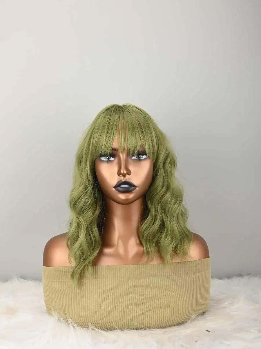 HAIR Natural green Synthetic Curly Wavy Bob Wig with Bangs for Womenen