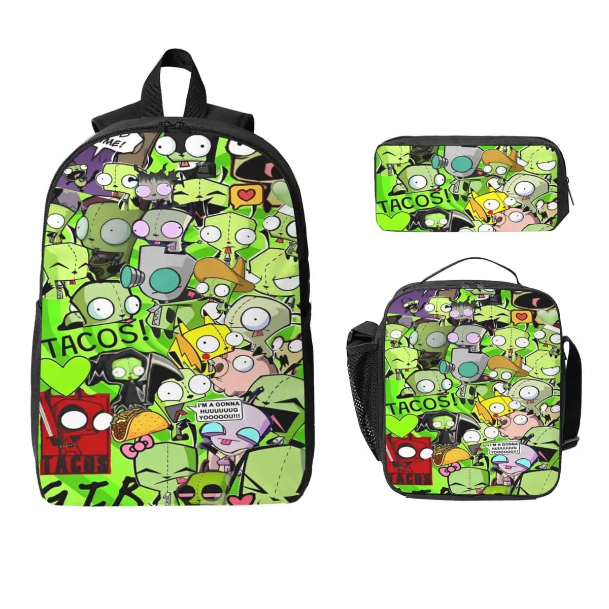 3Pcs Invader Zim Anime Backpack Set for Girls Boys Pencil Boxes Bookbag Sets with Lunch Box For School Students Daypack