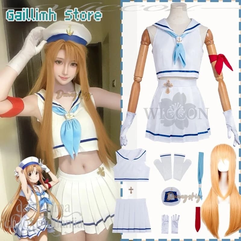 Summer Costume Swimwear Top Sleeveless Mini Dress Anime Yuuki Asuna Cosplay Hat Dress JK Jirai Kei Girls Halloween Party Cos