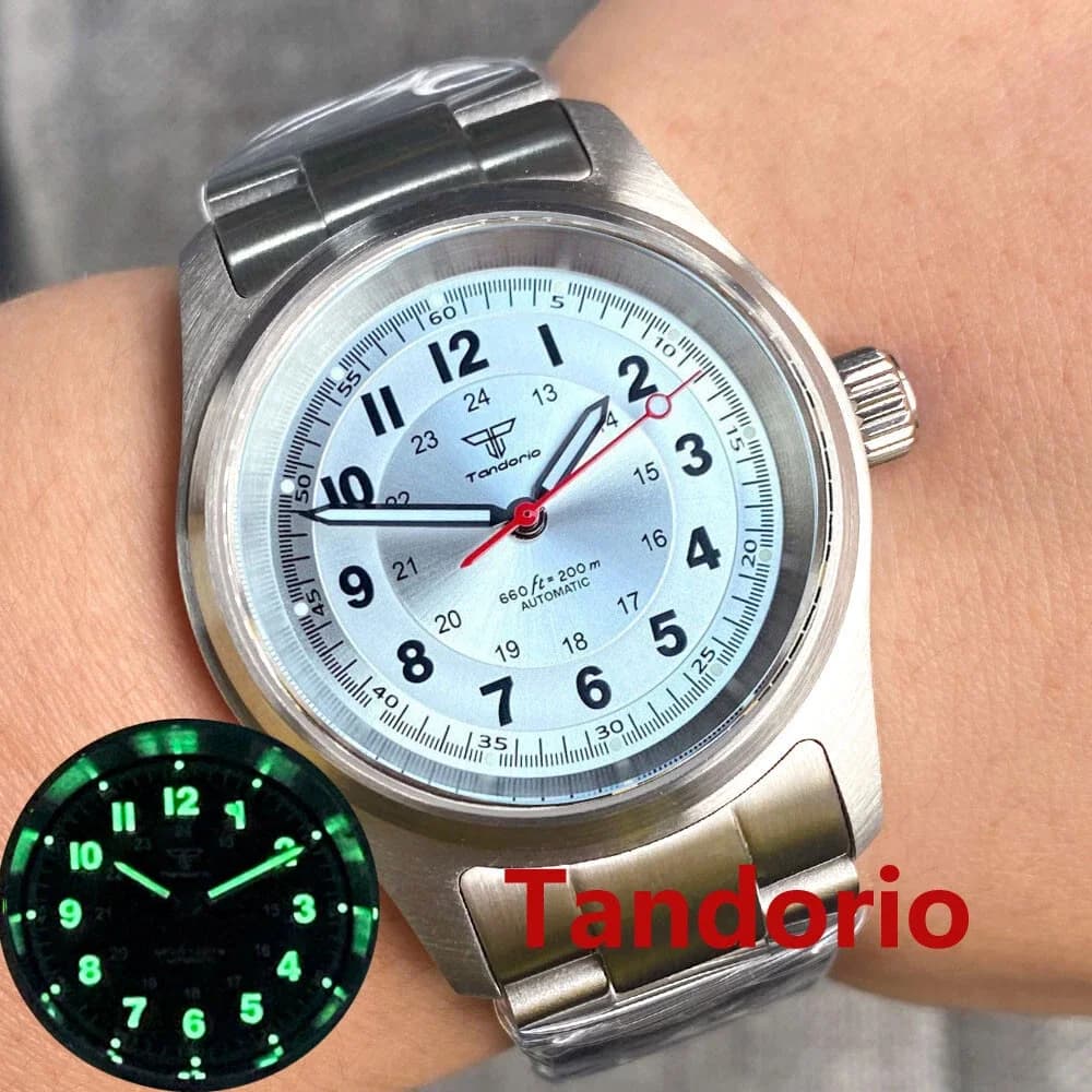 Tandorio 36mm Pilot Watch Sapphire Crystal Black/Silver Dial 20BAR Waterproof NH35A Asia2824 Miyota 8215 Auto Men Watch Luminous