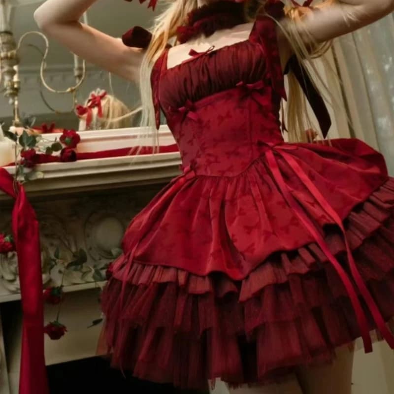 Abito vittoriano dolce Lolita da donna Kawaii con stampa bowknot con volant Mini abiti da festa Abito da principessa in rete elegante vintage giapponese