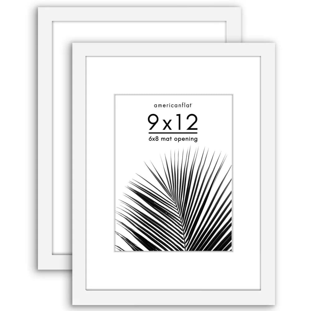 9x12 Picture Frame Set of 2 with Plexiglass Front and 6x8 Mat for Photo Display in White Modern Gallery Style