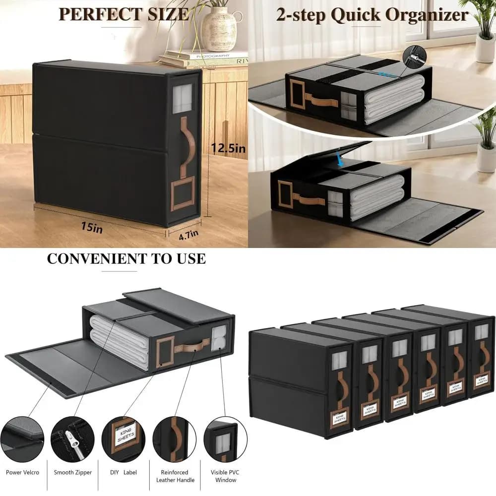 Foldable Bed Linen Organizers - King & Queen Size Bed Linen Storage Boxes with Window (Black)
