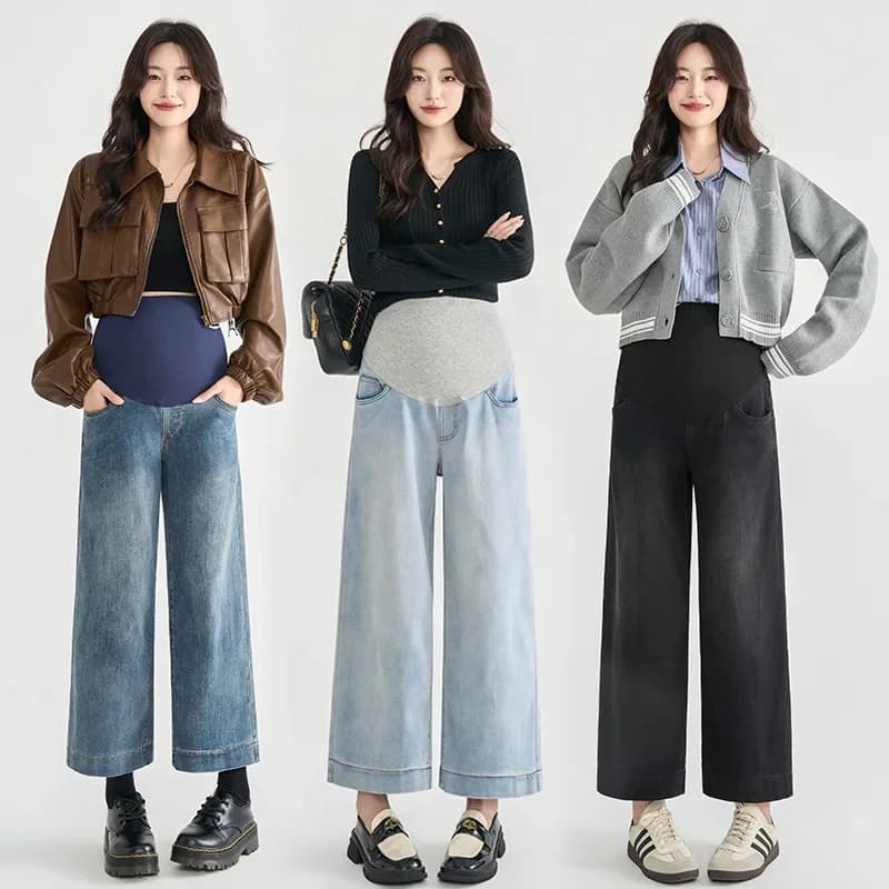 Jeans a gamba larga premaman-pantaloni da nonna alla moda per donne incinte, comodi pantaloni da gravidanza primaverili e autunnali