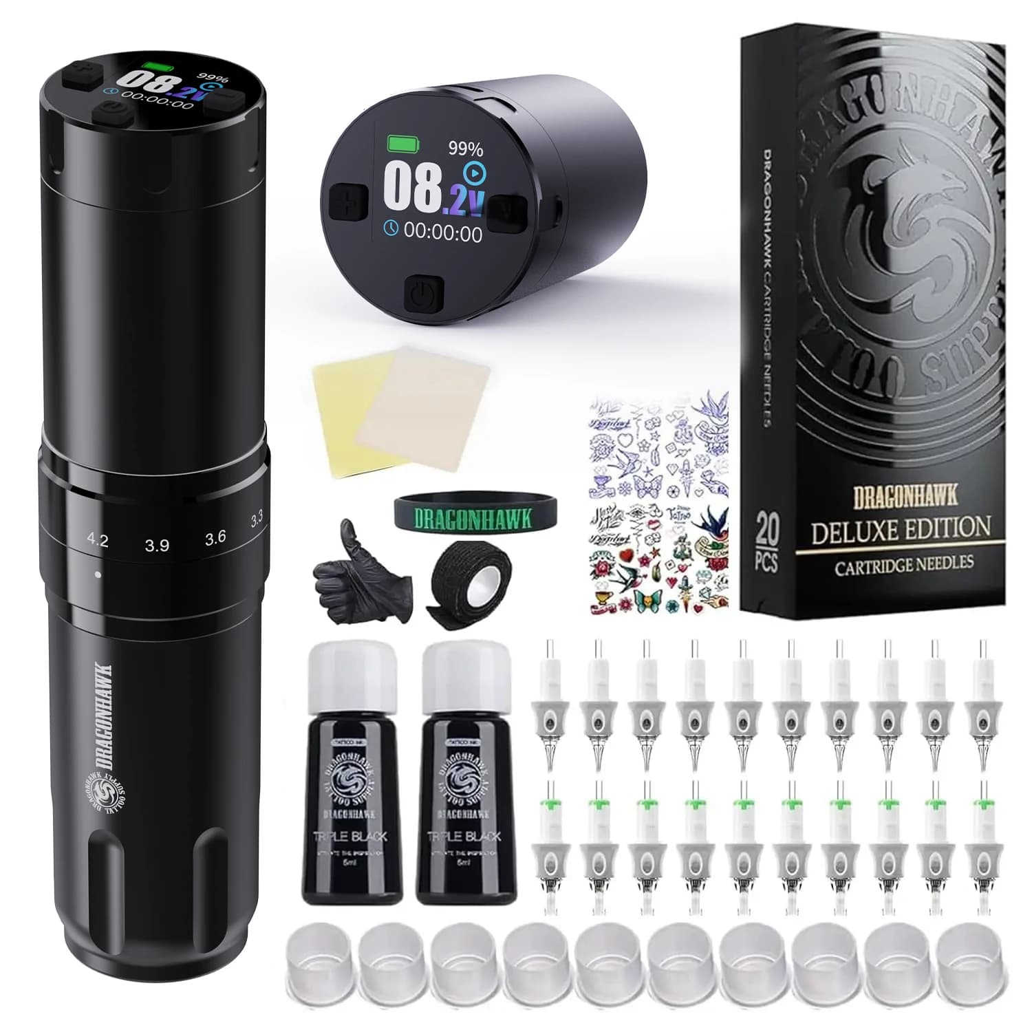 Dragonhawk Macchina per Tatuaggi Wireless Completa Fold3 Rotativa 1600 mAh Batterie 7 Configurazioni di Aghi per Trucco Permanente e Arte Corporea