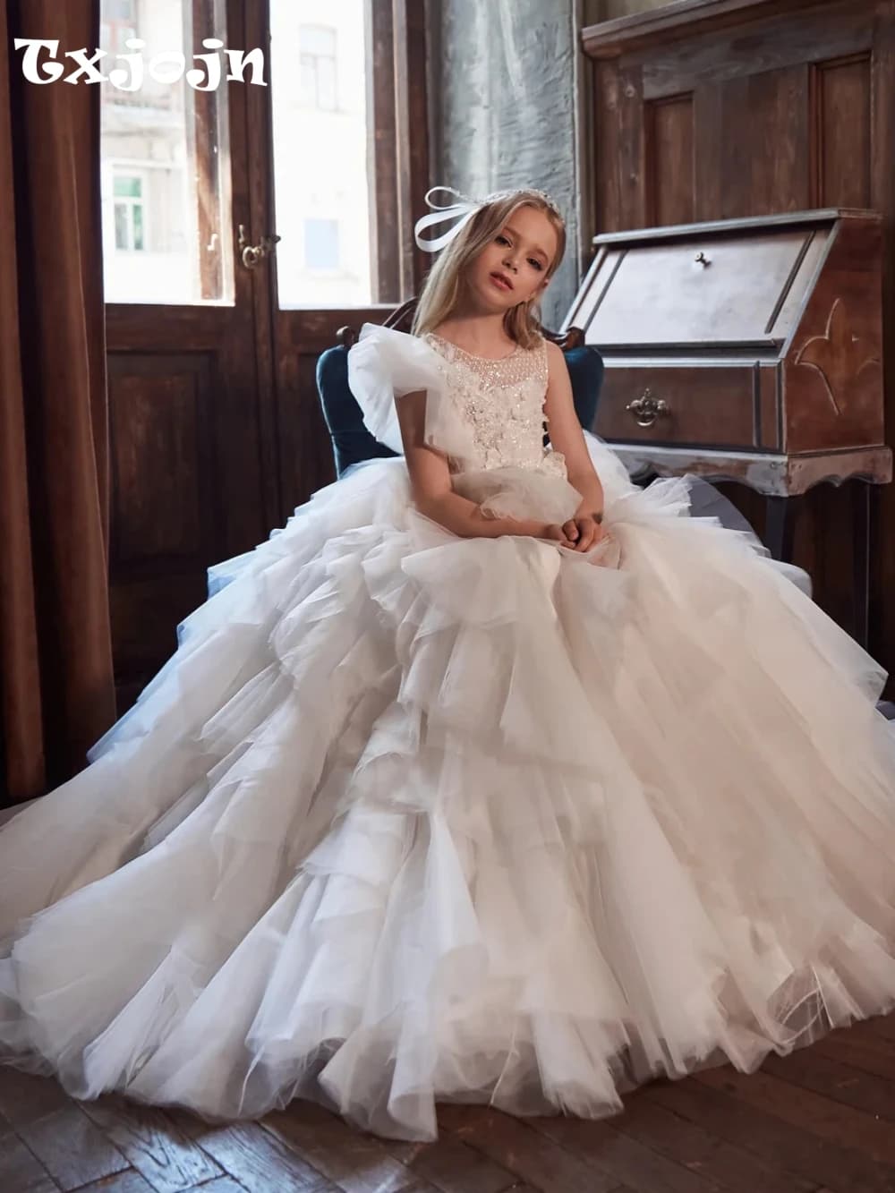 Abito da principessa con perline e paillettes gonfi per spettacoli teatrali per bambini, lussuosi applicazioni in pizzo, abiti da ragazza in tulle, abiti da festa in vendita