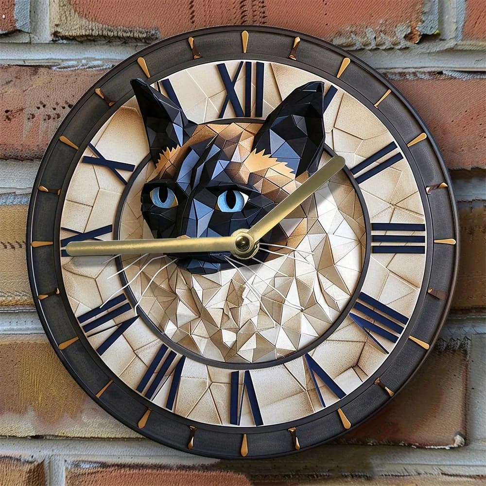 Wall Clock with 2D Effects - Design Cat Siamese Fai-da-Te, Perfect for Winter Decorations and Valentine's Gift