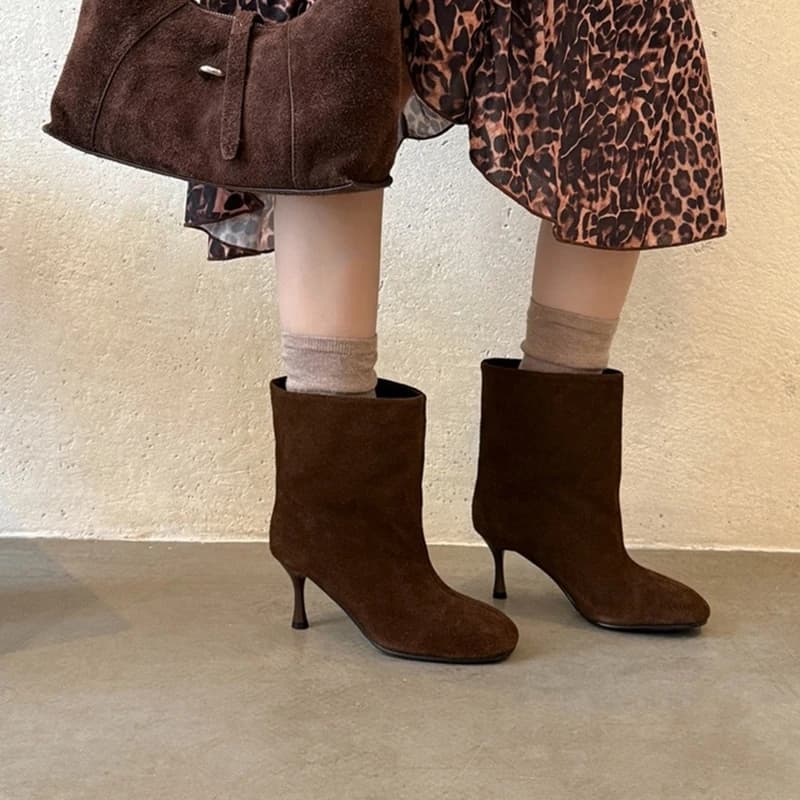 NEW Autumn/Winter Women Boots Cow Suede Leather Shoes for Women Round Toe Thin Heel Shoes Slip-on Modern Boots Solid Daily Shoes