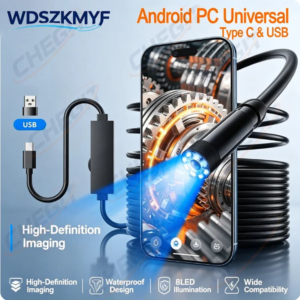 NUOVO Endoscopio USB per Telefoni Android OTG, Telecamera d'Ispezione da 7mm, Impermeabile IP67 con 6 Luci LED per Tipo C