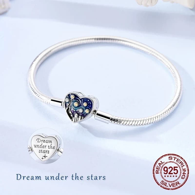Bracciale a catena con chiusura a cuore e cielo stellato in argento sterling 925, incisione "Dream Under The Stars", compatibile con ciondoli e perline, idea regalo.