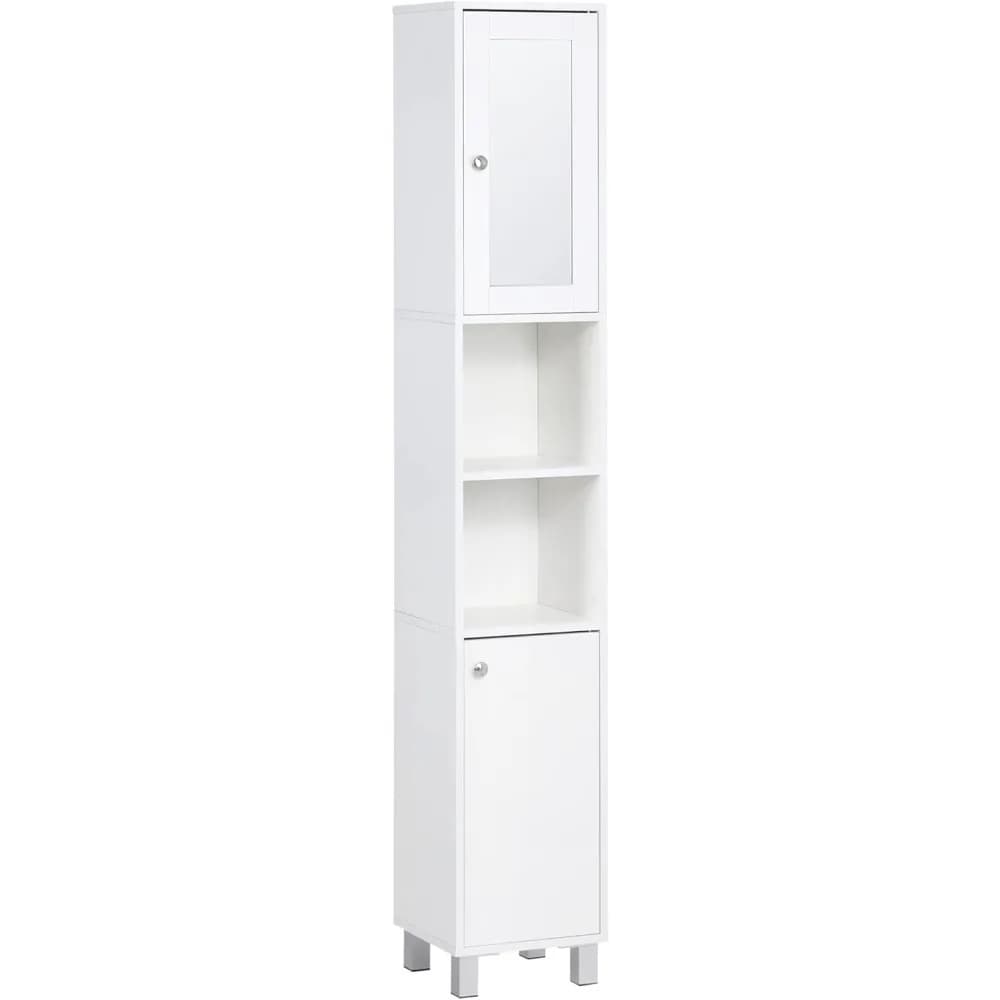 Armadietto da bagno alto con specchio, armadietto a torre indipendente in legno con ripiani regolabili per il bagno