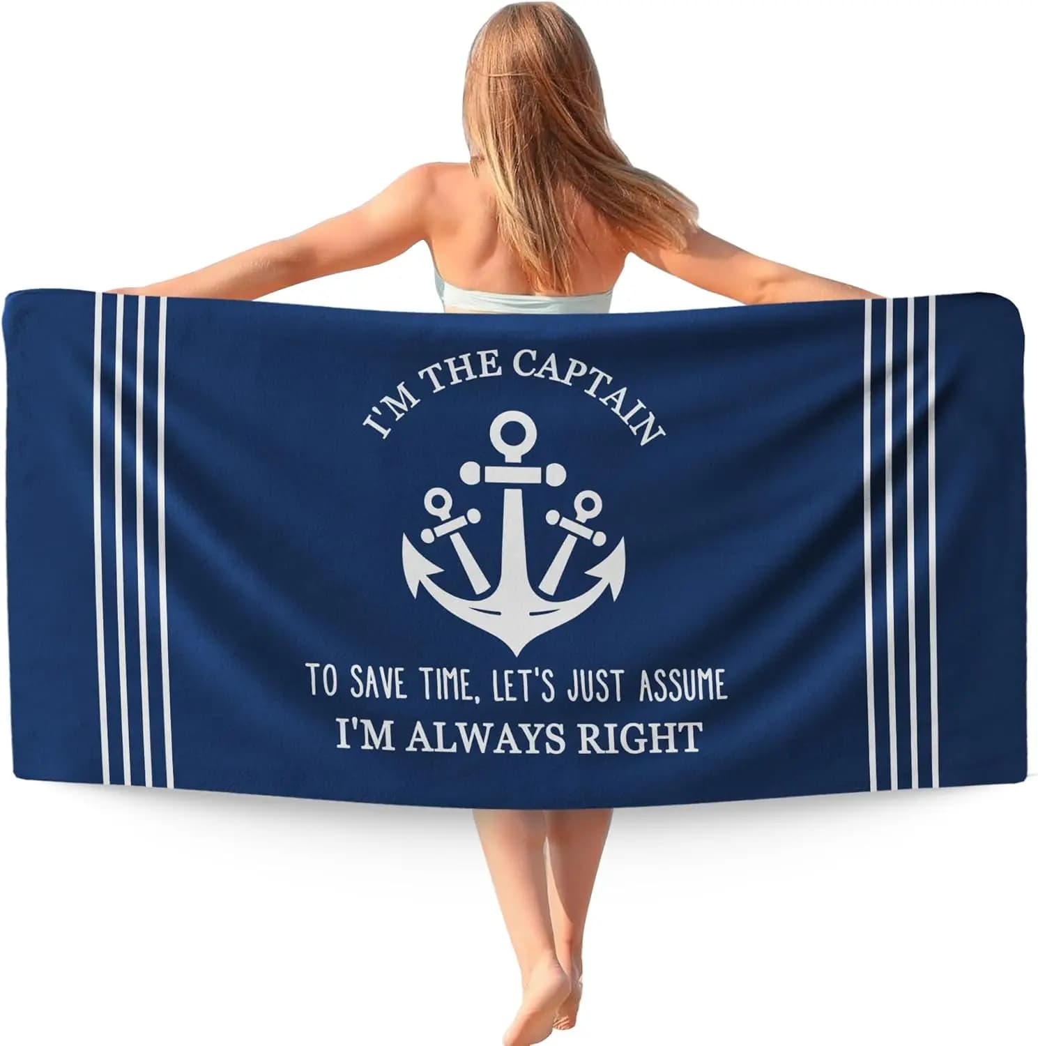 Telo Mare WAITPI I'm Captain Anchor, Divertente Telo Mare Oversize per Lago e Barca, Blu Navy ad Asciugatura Rapida e Anti-Sabbia, Decorazione per la Spiaggia