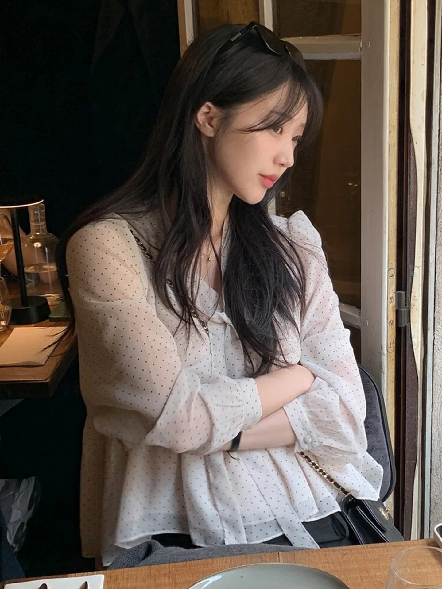 Spring New Style Women's Shirt V-neck Long Sleeve Chiffon Blouse Gathered Dots Pattern Korean Style Commute Fashion Loose Fit