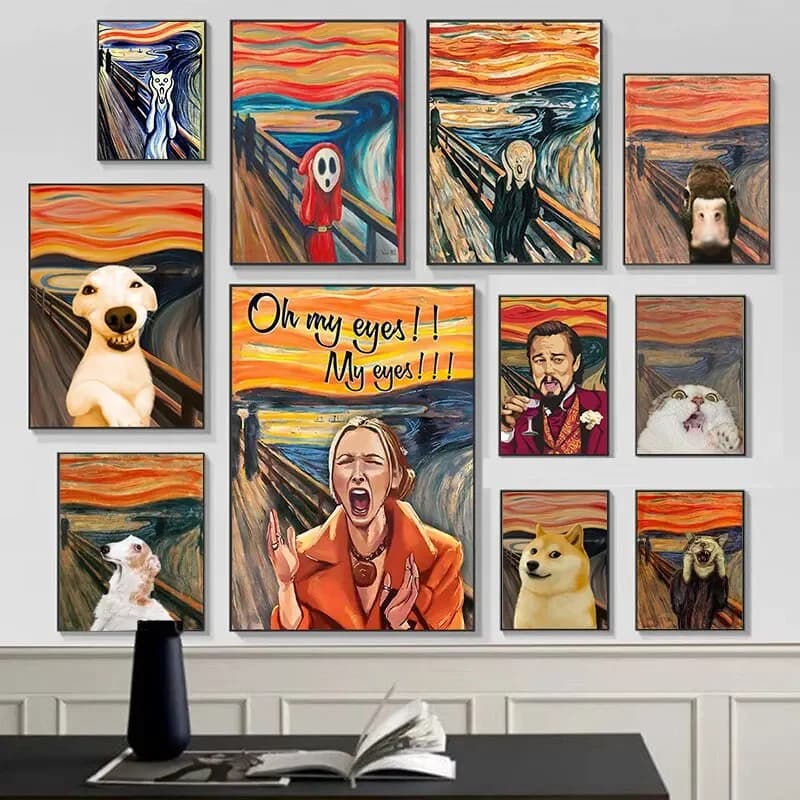 The Scream By Edvard Munch riproduzione Canvas Poster-divertente gatto e cane interpretazione Wall Art per Living Decor