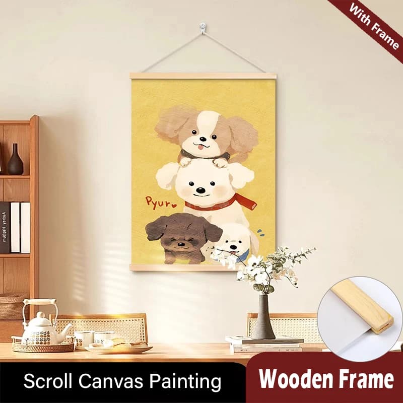 Quadro da parete in legno con cucciolo stile Ins, pittura a scorrimento, immagine artistica da parete con cane Kawaii, poster incorniciato con animale cartone animato curativo, decorazione per la casa
