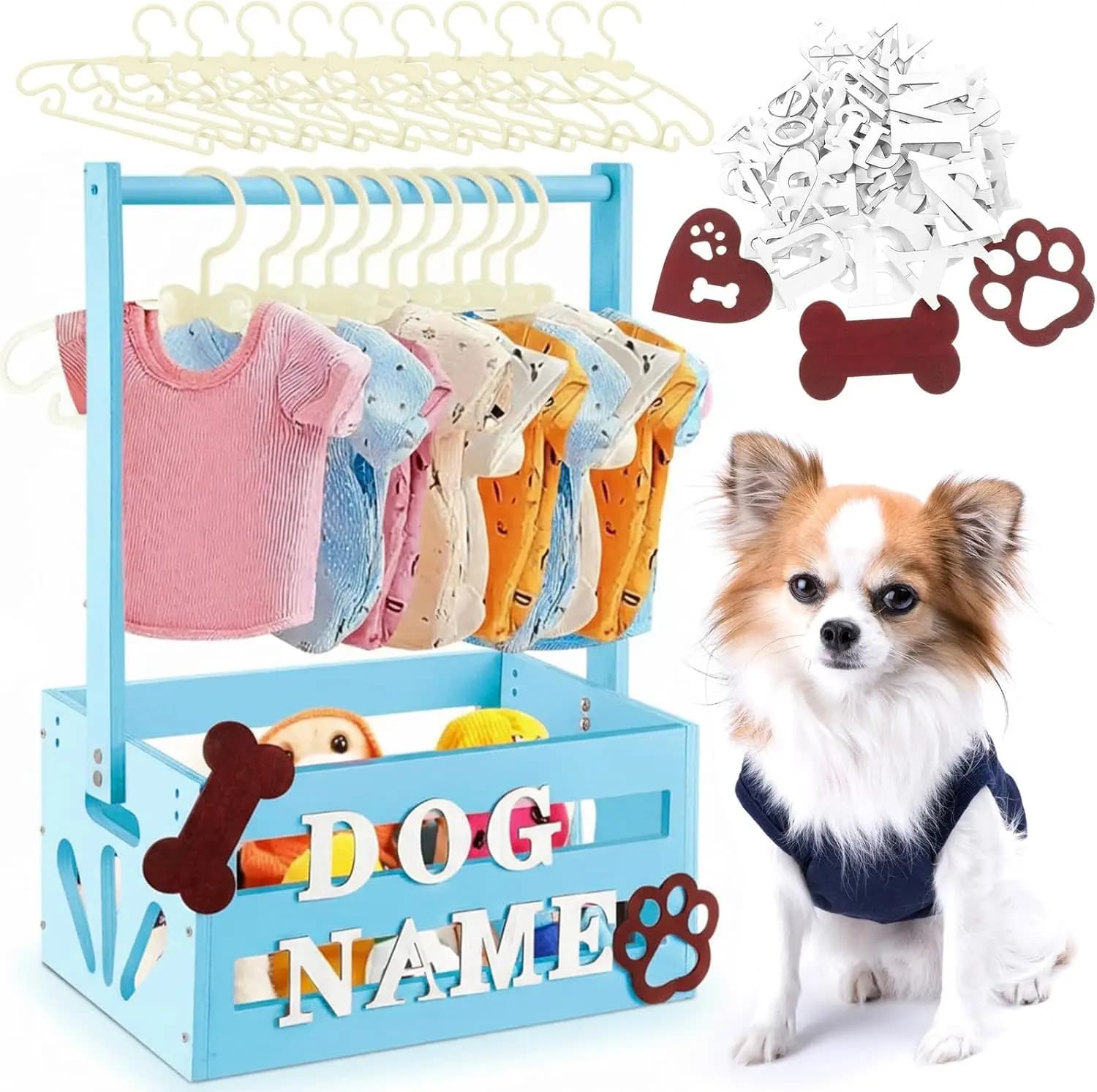 Armadio in Legno per Animali Domestici 20x13x9 con Barre Appendiabiti, Lettere dell'Alfabeto e Cestini per Giocattoli, Vestiti e Accessori per Cani e Gatti