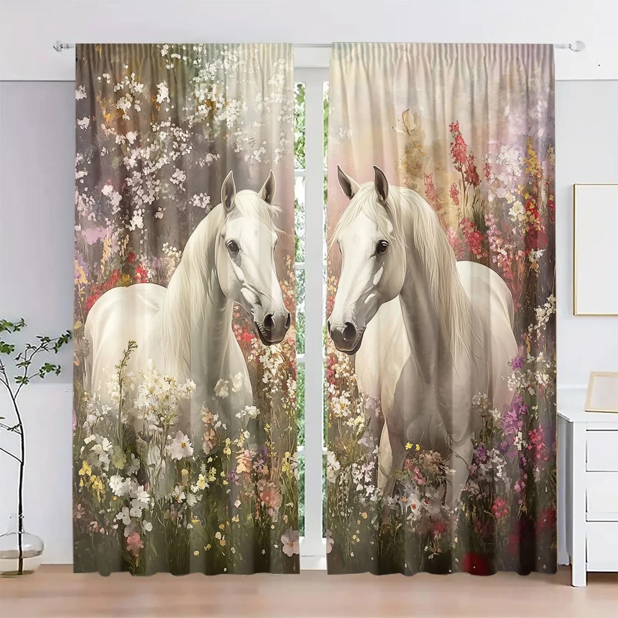 2 Pannelli di Tende Bianche con Cavalli e Fiori, Stampa Pastorale Romantica, Drappeggi con Paesaggio Animale Sognante per Camera da Letto e Soggiorno