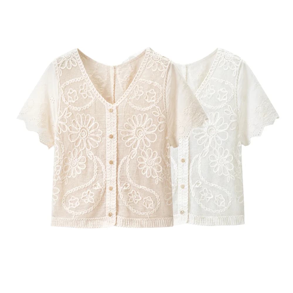 T-shirt Ricamate Chic Casual a Maniche Corte da Donna, Pullover Estivi con Scollo a V, Canotte Eleganti in Maglia per Donna