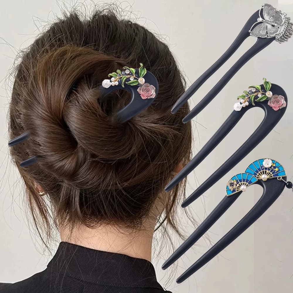 Fiori in legno Forchetta per capelli a forma di U Forcina in legno Farfalla Bastoncini per capelli Stile cinese Accessori per capelli per acconciature da donna Copricapo