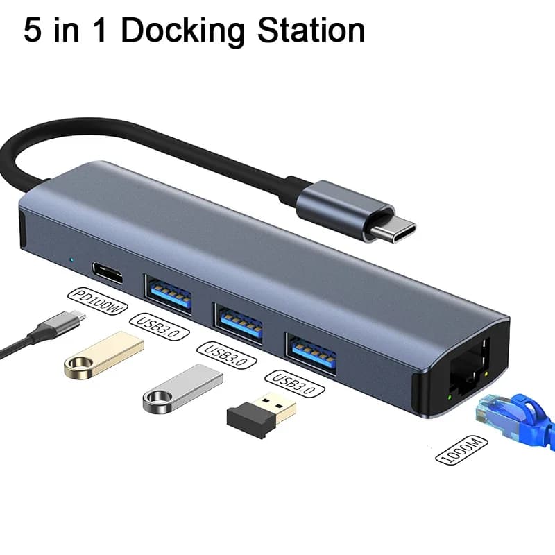 Hub USB-C 5 in 1 3.0 Base di espansione hub Ethernet Rj45 da 1000 Mbps Base di tipo C Pd100w Adattatore di espansione multifunzionale