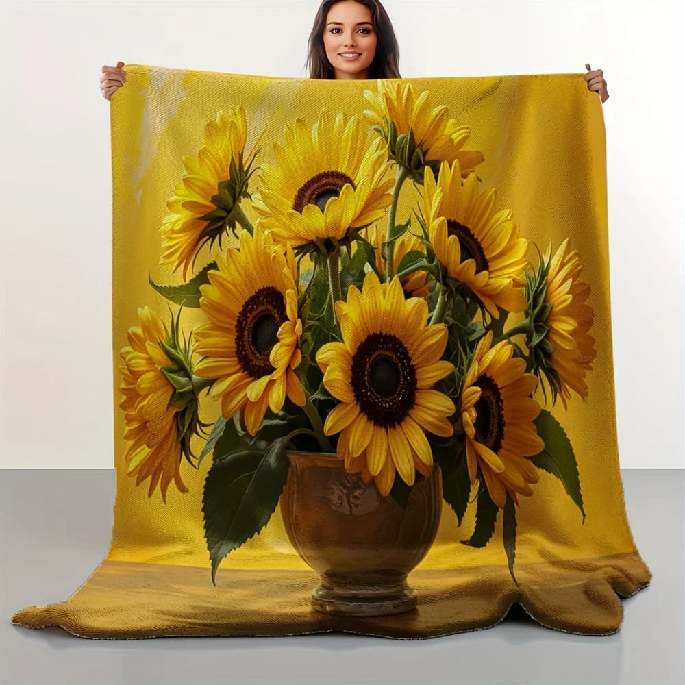 1 coperta da tiro stampata con girasole giallo - Peluche versatile per divano, letto, divano, ufficio, viaggi - Idea regalo per tutte le stagioni