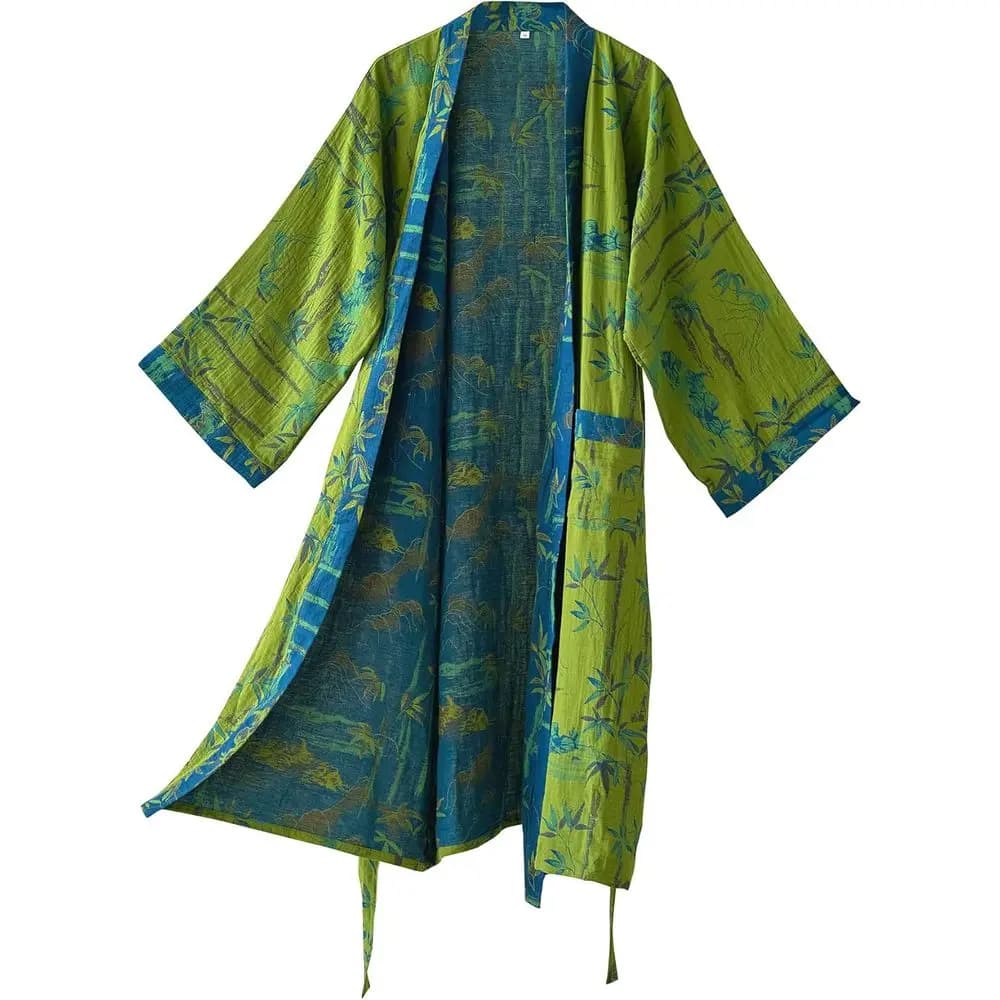 Kimono in Garza di Cotone 100% con Motivo Ginkgo, Vestaglia Lunga in Maglia Larga, Accappatoio da Notte per Donna
