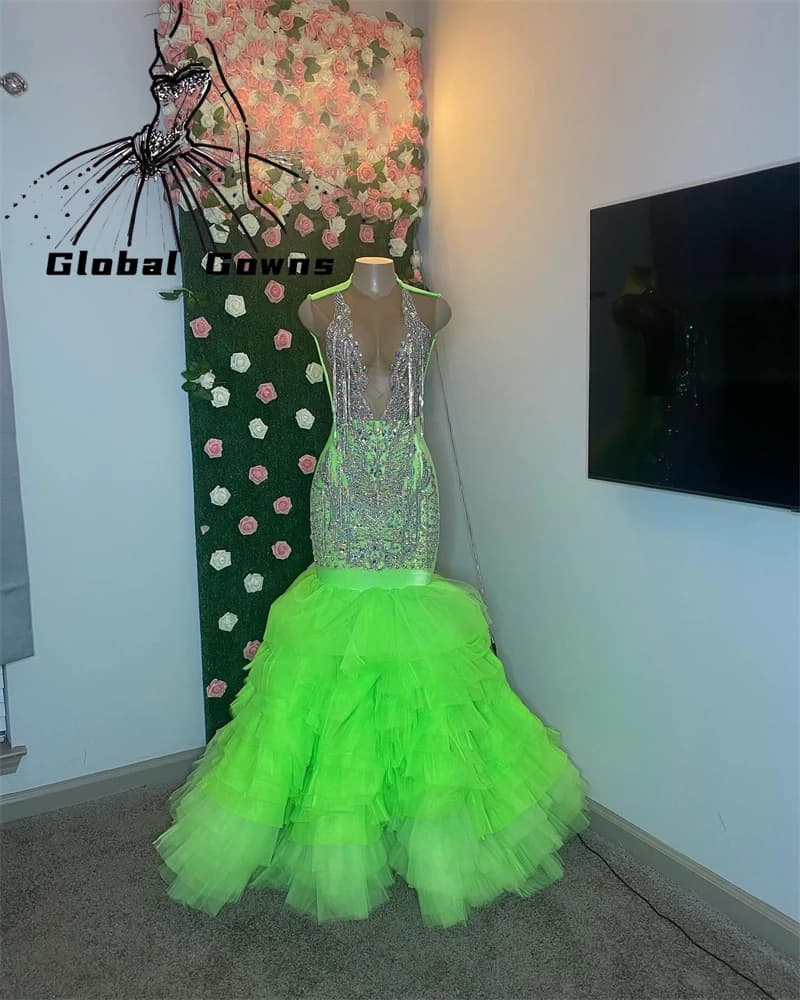 Green O N Bead Crystal Long Prom Dresses Black Girls Tassel 2024 Birthday Luxury Dress Tiered Ruffles Graduation Gown Customized