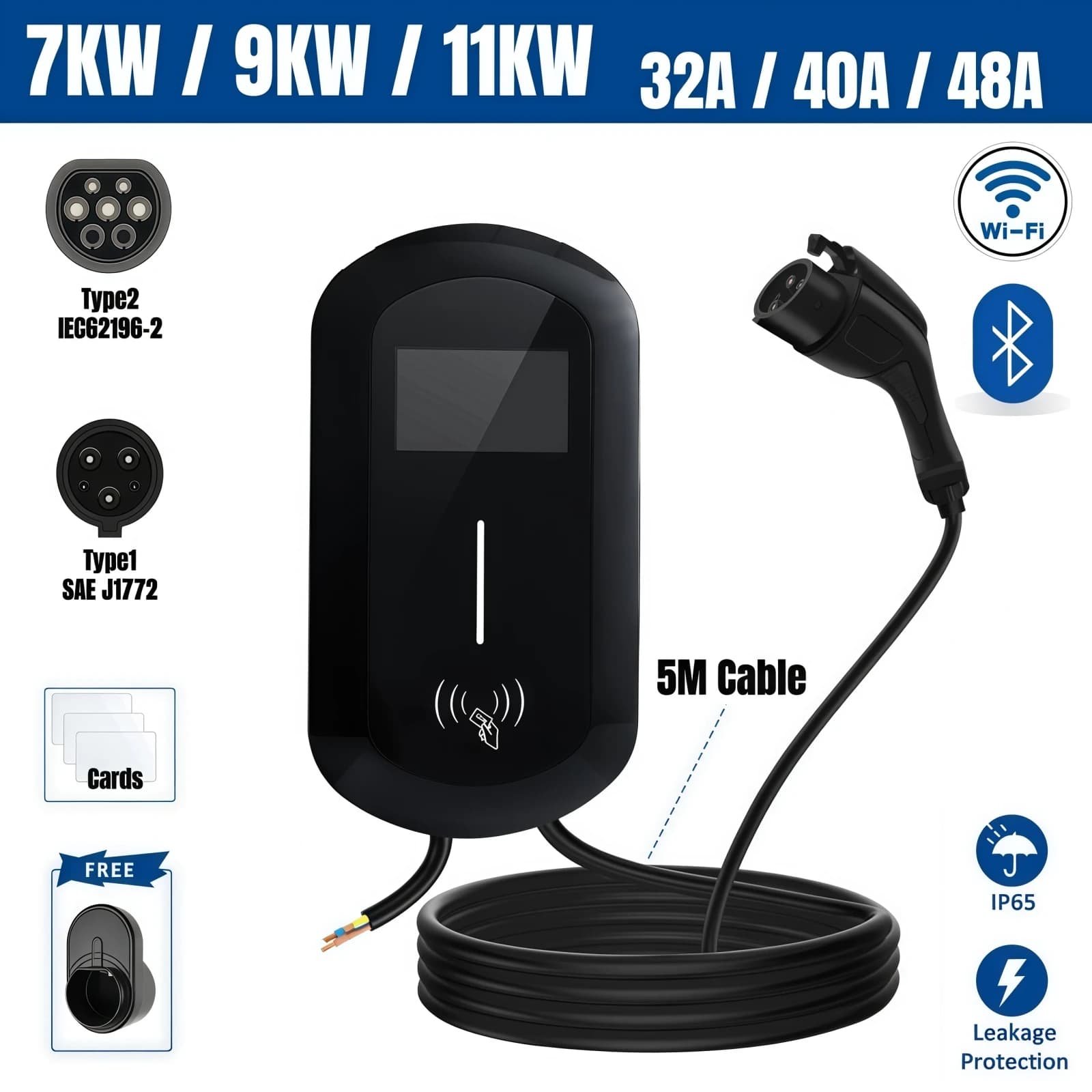 Stazione di Ricarica EV Tipo 1 32A Caricatore per Veicoli Elettrici EVSE Wallbox 7KW/11KW/22KW Cavo Tipo 2 J1772 IEC62196 Controllo APP
