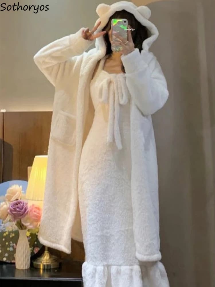 Pigiama invernale set donna dolce abiti con cappuccio morbido velluto corallo indumenti da notte Sexy camicia da notte addensare elegante femminile accogliente Loungewear