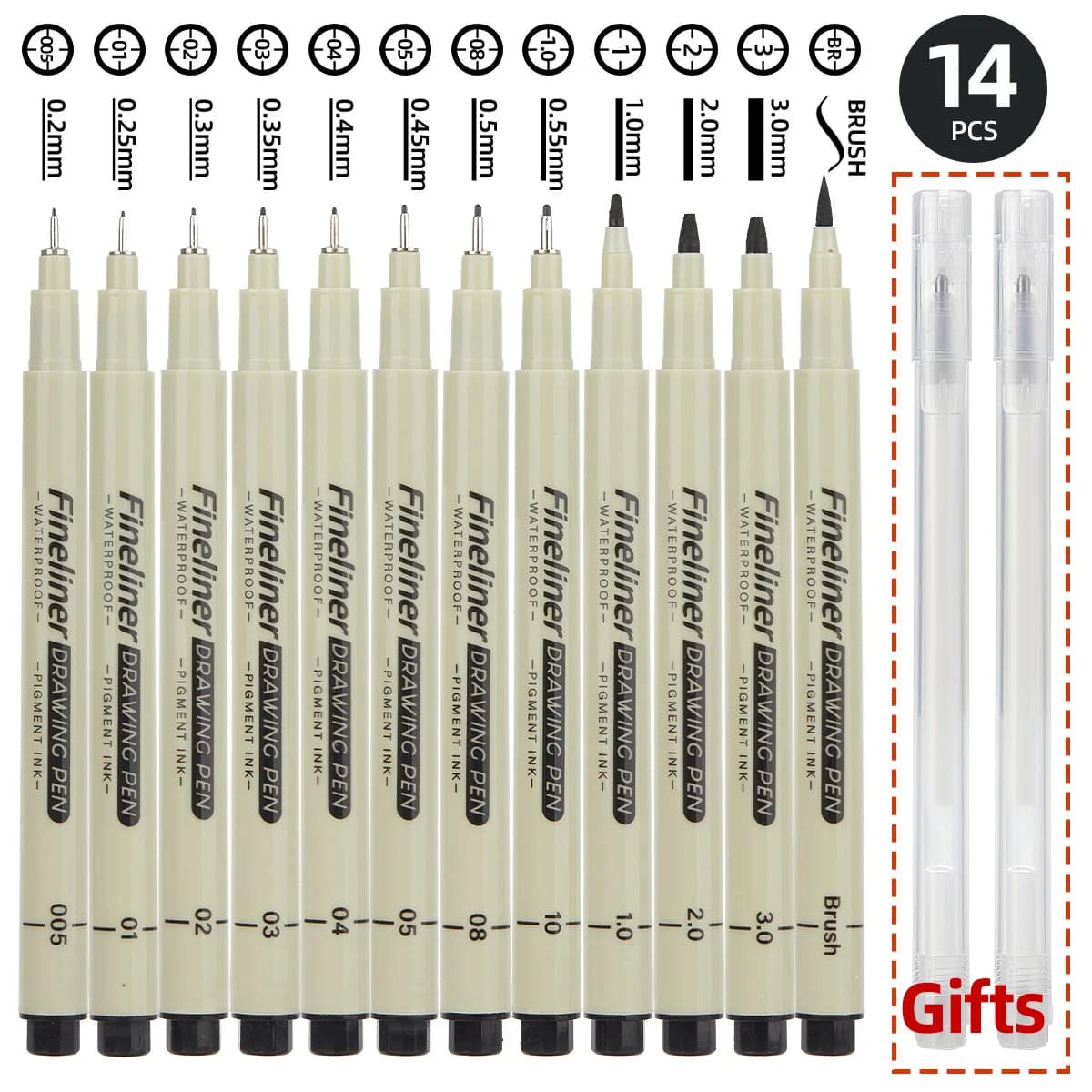 Set di 14 Penne Fineliner Nere, Penne a Inchiostro Pigmentato Impermeabili per Schizzi, Diari, Illustrazioni Anime e Disegno Tecnico