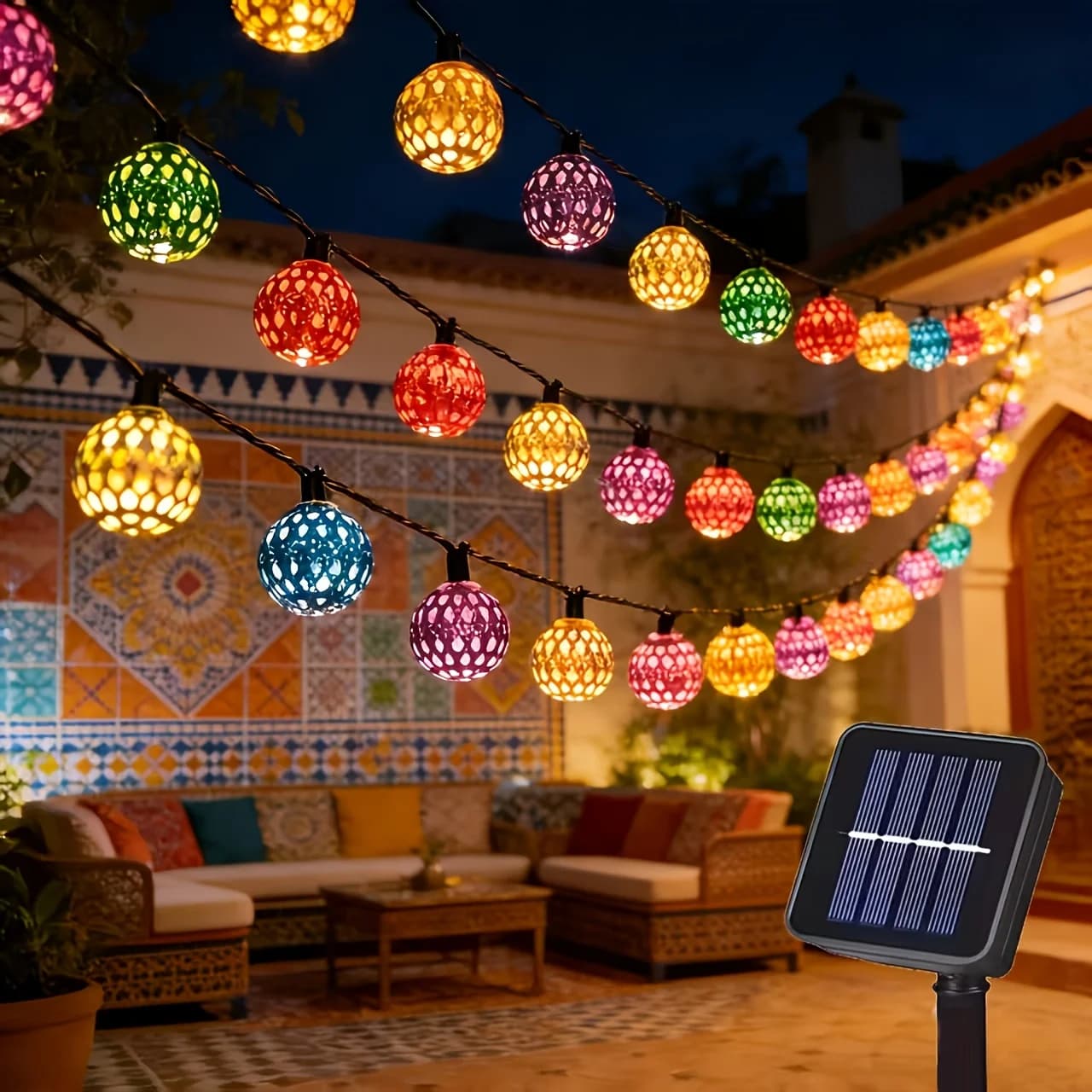 Catena di Luci Solari a Sfera Marocchina per Esterni, 20/30 LED, 8 Modalità di Illuminazione, Sfera Dorata, Luce Decorativa da Giardino, Decorazione per Cortile e Festival