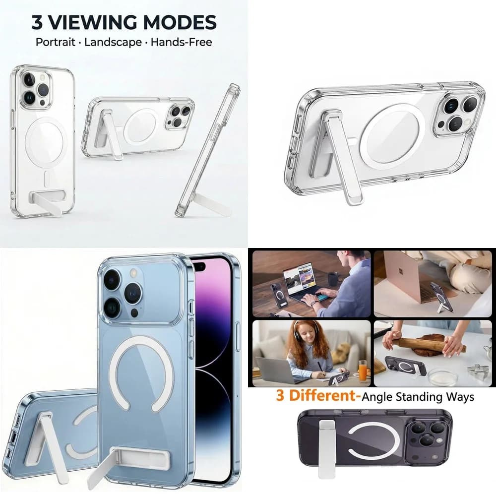 Enhanced Slim Magnetic Clear Case Hidden Kickstand Raised Edges Ultra Thin for iPhone 17 Pro Max 16 15 Plus 14 13 12 mini 11