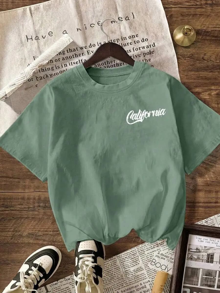 Casual Round Neck Short Sleeve T-Shirt With California Print For Women